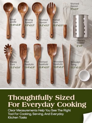 AIUHI 11-Piece Natural Teak Wood Kitchen Utensil Set with Holder, Wooden Spoons and Cooking Utensils for Nonstick Cookware, Includes Spatulas, Ladle and Whisk