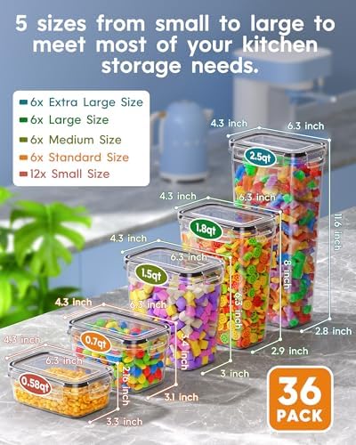 KEMETHY 36 PCS Airtight Food Storage Containers with Lids, Kitchen Pantry Organization and Storage, BPA-Free Plastic Scale Food Canisters for Cereal, Flour, Sugar, Dry Food, Include Labels & Marker