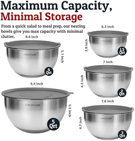 28pc Stainless Steel Mixing Bowls with Lids Set, 1.5-5 Qt, Grey
