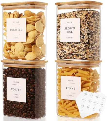 4 Pack Square Glass Pantry Storage Containers with 132 Kitchen Food Pantry Labels - 34 floz Clear Glass Pantry Jars with Airtight Wood Bamboo Lids - Glass Canisters for Tea, Cereal, Coffee, Spice