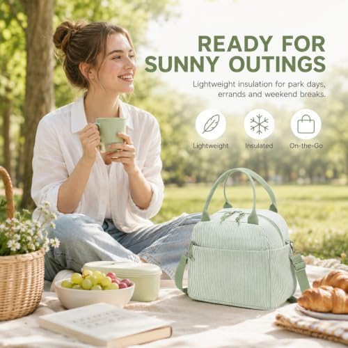 Bluboon Lunch Box for Women Cute Lunch Bag Reusable Insulated Lunch Bags Large Capacity Lunchbox Cooler for Work Picnic or Travel Gifts (A Sage Green White Stripes-13L, 10 x 7.5 x 8 inches)