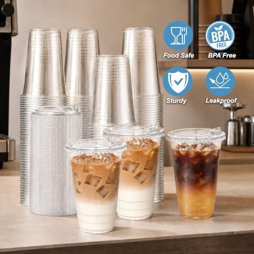 Ginkgo 100 Pack 24 oz Clear Plastic Cups with Strawless Sip Lids