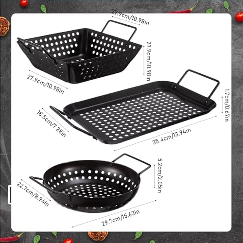 3 Pack Grill Topper Pans for Outdoor Grill, Stainless Steel Vegetables BBQ Grilling Basket with Holes Handles, Nonstick Barbecue Pan Grilling Gifts for Camping Picnic Cooking Seafood Meat