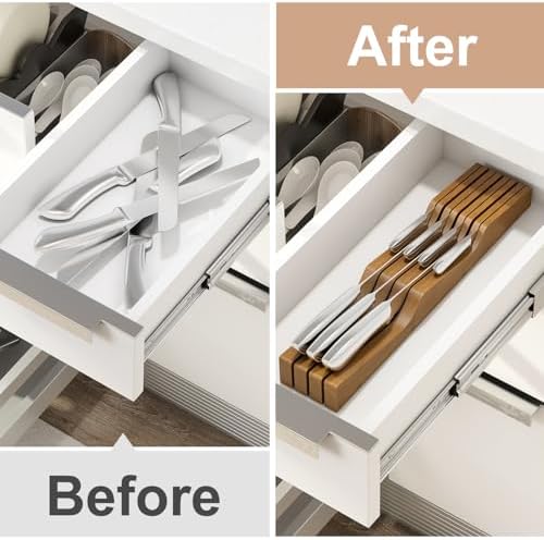 In-Drawer Knife Block Organizer - Bamboo Wood Drawer Knife Organizer-Protecting Knife Organizer Block (Not Included) (Brown, 7 Knives Dock)