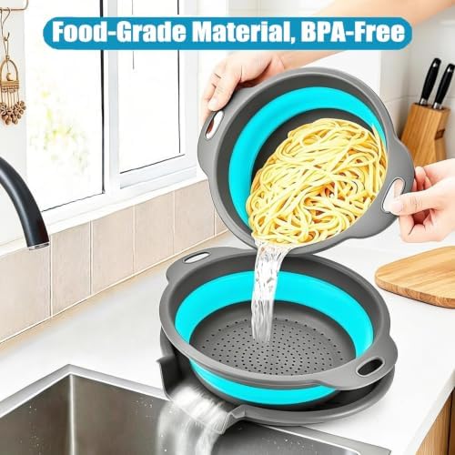 Collapsible Colanders Food Strainers, 3-Pack Foldable Kitchen Strainers with Over-Sink Water Draining Tray, Space Saving Kitchen Drainer for Vegetables, Fruit, Pasta and Rice (Blue-Gray)