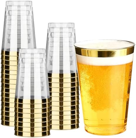 RACETOP 12 oz Disposable Plastic Cups with Gold Rim, 100 Pack