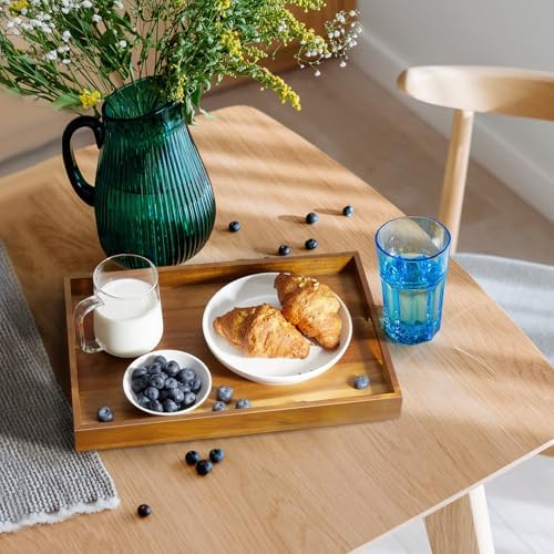 15 Inch Acacia Wood Serving Tray with Handles - Wooden Tray for Ottoman, Breakfast in Bed, Dinner, Coffee Table - Decorative Rectangular Tray for Living Room Bedroom Entryway and Kitchen