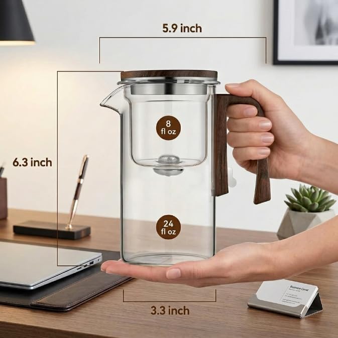 Enchantipot MagicTeaPot,Water Separation Glass Teapot with Wooden Handle, Enchantipot Magic Pot, Press Control Magic Tea Pot, For Loose Tea Witchcraft Teapot (720ML)
