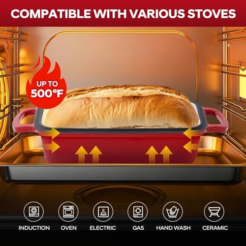 Cast Iron Loaf Pan with Lid 10x5 Inch Enameled Bread Loaf Pan for Sourdough, 2 Piece Set, Red