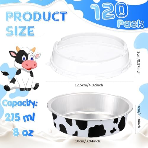 Yinder 120 Pcs 8 oz Disposable Creme Brulee Ramekins with Lids, 4 Inch Mini Pie Tins Aluminum Foil Pie Tart Cake Baking Pans Individual Round Containers Oven Safe for Xmas, Party(Cow Print)