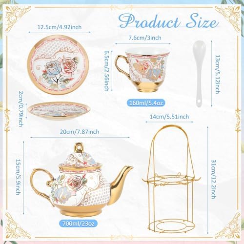 Zhehao 20 Pcs Porcelain Tea Set for Adult, with Metal Holder, Refined