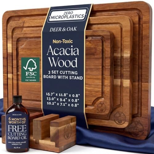 Deer & Oak Non Toxic 3-Piece Acacia Cutting Board Set with Stand - 5 pack