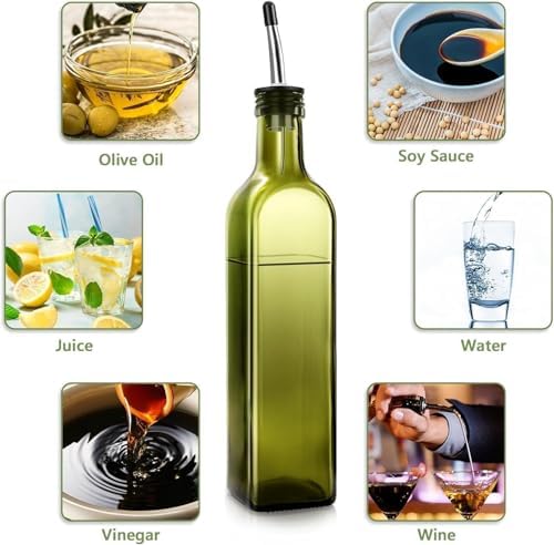 Glass Olive Oil Dispenser and Vinegar Dispenser Set with 2 Stainless Steel Pourers, 4 Labels, 1 Brush and 1 Funnel Oil Bottles for Kitchen (500ml)-Green (Olive Green)