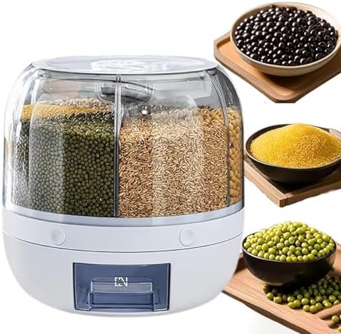 Rotating Grain Storage Bin 6 Grids Rice Container One-Click Output Large Capacity Food Dispenser For Rice Grains Sealed Moisture Proof Organizer (Grey) (Large)