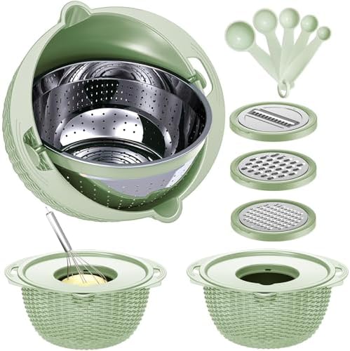 4-1 Strainer with Bowl & Spoons Set - Strainers and Colanders - Colanders for kitchen(Patented) - Pasta Strainer with Upgraded Graters & Spoons for Fruit Veggie Kitchen Essentials, Green