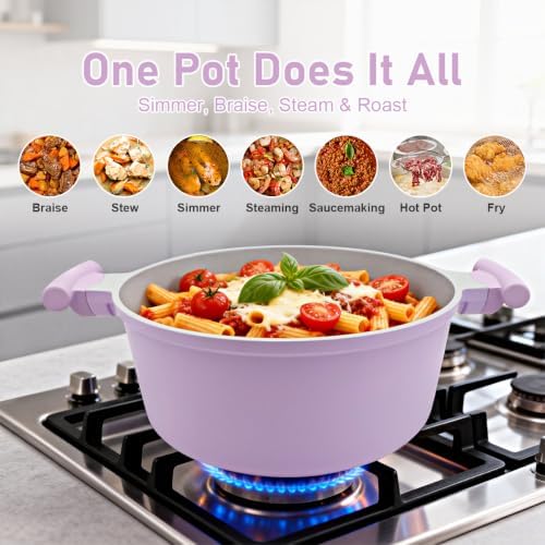 AIKENBBKK 5 Quart Stock Pot with Lid, Non Stick Cooking Pot, Ceramic Soup Pot Nonstick, Induction Cookware for Pasta,Soup,Spaghetti, Stay-Cool Handle, Suitable for All Stoves, PFAS-Free, Purple