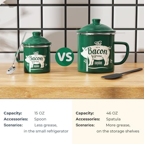 Bacon Grease Container with Strainer-15OZ Enamel Saver, Dishwasher Safe