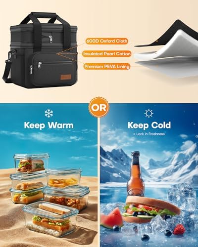 HOTOR Lunch Box Men Women Double-Layer Insulated Lunch Bag Black 27L