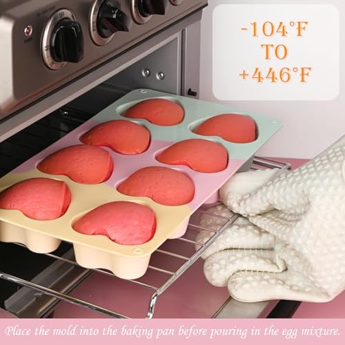 Sakolla 2 Pack 2.7″ Heart Cake Molds, 8 Cavity Silicone Baking Molds for Cake, Muffin, Egg Bites, Cupcake, Bread, Mousse (Green,Yellow,Pink)