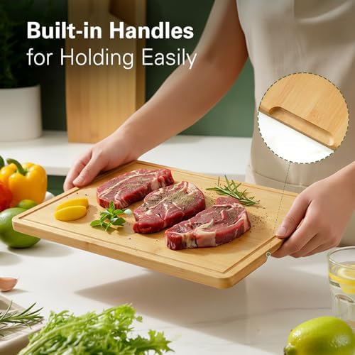 Zarler Bamboo Cutting Boards for Kitchen, 3 Piece Durable Wood Cutting Board with Juice Grooves and Handles, Wooden Chopping Board Set for Meal Prep, XL Size, Ideal Kitchen Gift