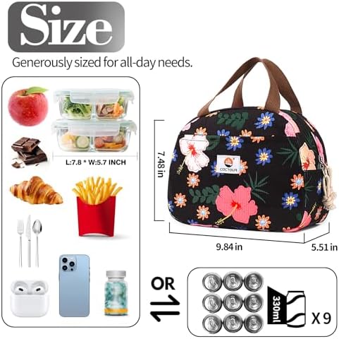 CaCTOUR Lunch Box for Women Girls Teens,Cute Lunch Box Cooler Bag, Portable Insulated Small Lunch Bag Women Reusable Corduroy Lunch Tote for Work/Travel/Picnic/School (Flower/Lake Green,Small)