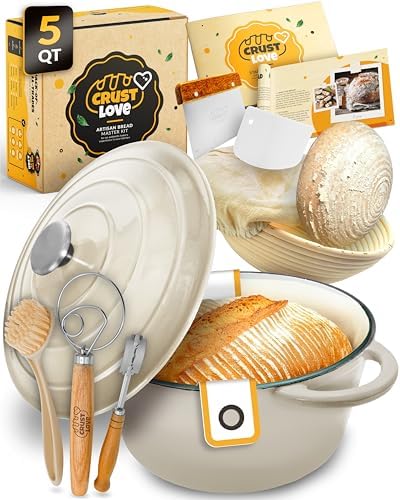 CRUSTLOVE 5 QT Enameled Dutch Oven for Bread Baking with Lid & Baking Set