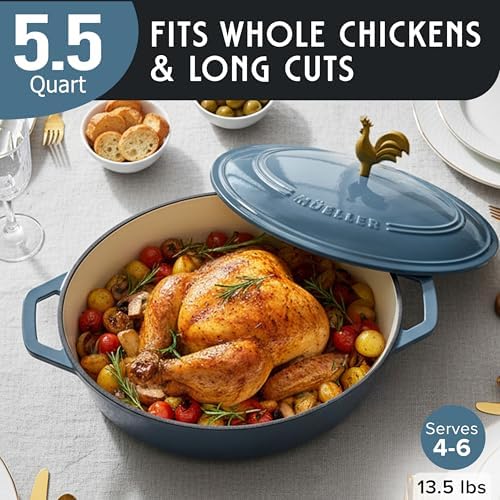 MUELLER HOME 5.5 Quart Enameled Cast Iron Oval Dutch Oven w Rooster Knob & Cotton Potholders, Heavy-Duty Cookware, Oven-Safe up to 500° F & Across All Cooktops, Gifts for Grandma & Women, Mineral Blue