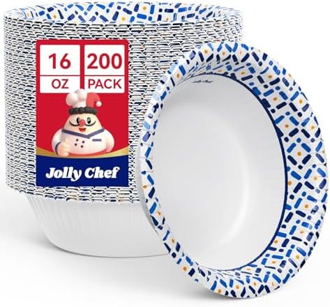 JOLLY CHEF 16 oz Paper Bowls, 200 Count Small Disposable Bowls for Soup