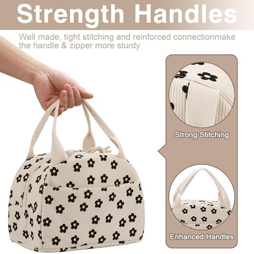 TESAFNG Lunch Bag - Insulated Lunch Box for Women, Reusable Large Capacity Cooler Bag for Adult, Small Leakproof Cute Corduroy Lunch Tote for Work Office Travel Picnic (Corduroy Black-Flower)