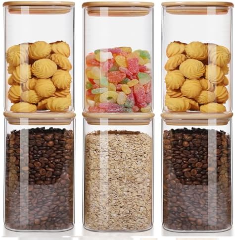50oz Glass Food Storage Jars Set of 6,Glass Storage Containers Clear Glass Food Canister with Bamboo Lid Airtight For Serving Tea, Coffee, Flour, Sugar, Candy, Cookie, Spice and More (Square)