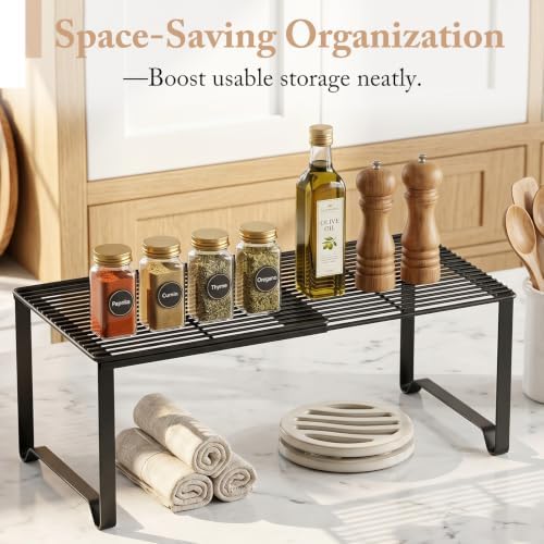 Extendable Metal Wire Shelf Organizer - Adjustable 15-24.4in Length, Stackable Storage Rack for Kitchen/Pantry/Bathroom/Shoe Cabinet/Tool Closet (4,Black)