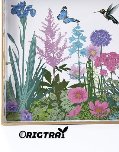 Serving Tray with Handles, Rectangular Plastic Tray 15.75x11.81 Inch, Wildflower, Butterflies & Hummingbirds Style Decorative Tray for Kitchen, Dining Table, Vanity, Office & Home