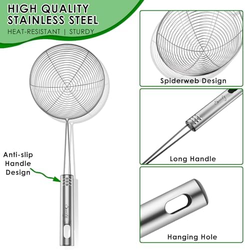 Swify Spider Strainer Set of 3 Asian Strainer Ladle Stainless Steel Wire Skimmer Spoon with Handle for Kitchen Frying Food, Pasta, Spaghetti, Noodle-4.3", 5", 5.7"