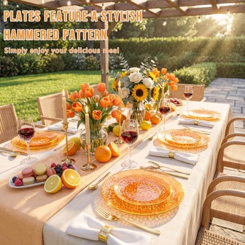 Rubtlamp 60Pcs Orange Plastic Plates, Orange Disposable Plates With Gold Rim, Hammered Plastic Plates Include 30 Dessert Platos, 30 Dinner Platos for Party