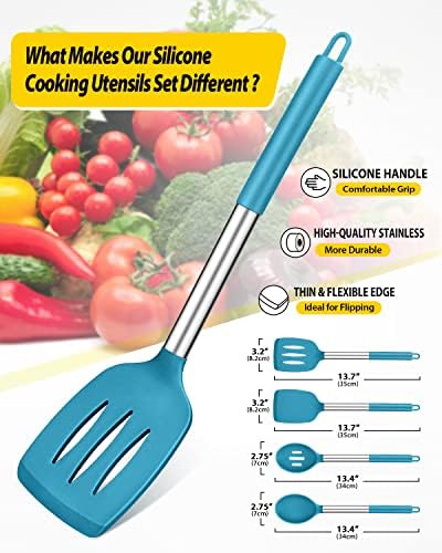 Pack of 4 Silicone Cooking Utensils Set, Non Stick Large Solid Spatulas, Heat Resistant Blue Slotted Spoons, Ideal BPA Free Kitchen Turners for Frying, Mixing,Serving,Draining,Turning,Stirring