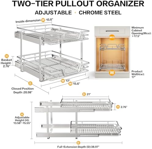 2-Tier Kitchen Cabinet Pull Out Cabinet Organizer,Shelf and Drawer Organizer Slide Out Pantry Storaqe Basket in Multiple Sizes (17" W x 21" D)