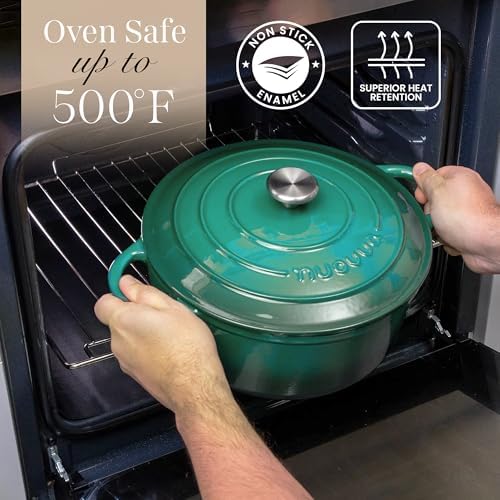 Nuovva Enamelled Cast Iron Dutch Oven Pot with Lid-6.4 Quart Non Stick Casserole Pot-Heavy Duty & Oven Safe up to 500° F for Bread Baking, Braising, Stews, Roasting - 28cm Dark Green