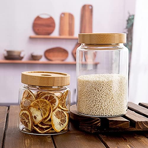 900ML/30Oz Clear Cute Glass Storage Canister Holder with Airtight Bamboo Lid, Modern Decorative Medium Container Jar for Coffee, Spice, Candy, Salt, Cookie, Condiment, Pepper, Sugar