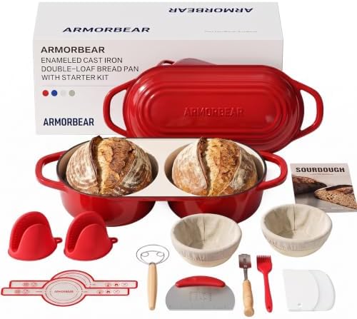 Sourdough Bread Baking Kit with Double Loaf Cast Iron Bread Pan, Red