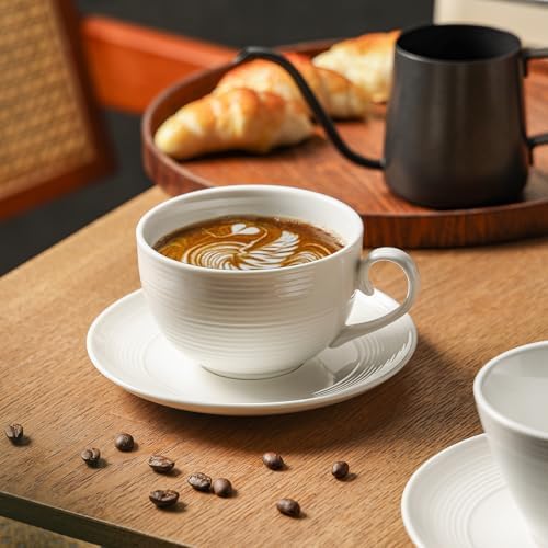 12 oz Cappuccino Cups with Saucers, Ceramic Coffee Cups Set of 4, White Latte Cup and Saucer, Elegant Tea Mugs Set, Microwave Dishwasher Safe Drinkware for Cafe, Housewarming Gift