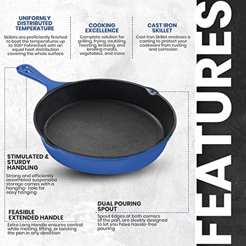 Utopia Kitchen Cast Iron Skillet Set 3 Piece 6 8 10 Inch PFAS-Free Blue