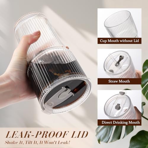 20oz Ribbed Iced Coffee Cups with Lids,4 Pcs Vintage Glass Cups Tumblers