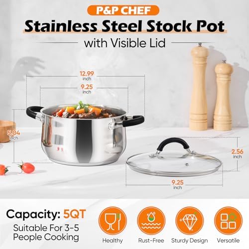 P&P CHEF 5 Quart Stainless Steel Stock Pot, Cooking Pot with Visible Lid