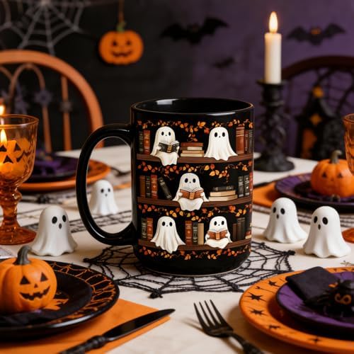 Halloween Ghost Reading Coffee Mug, Bookshelf Tea Cup, Black, 15oz