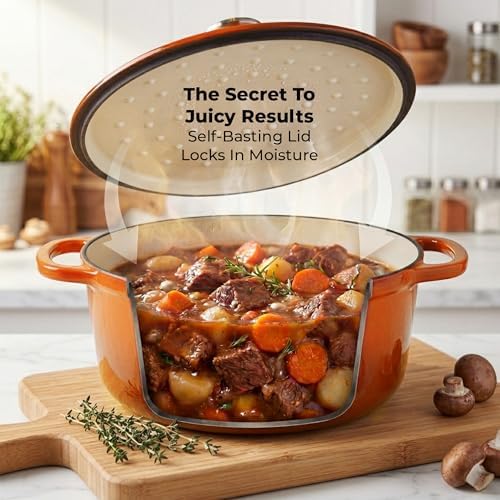 Zulay Kitchen 6 Quart Enameled Cast Iron Dutch Oven Pot with Lid – Premium Durability & Oven Safe up to 500°F – Heavy Duty Cookware Perfect for Bread Baking, Stews, Braising & Roasting – Orange