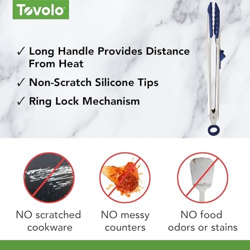 Tovolo Tip Top Tongs, Easy-Grip Kitchen Tongs for Cooking With Silicone Tips, Easy Locking Mechanism, Cooking Utensil With Resting Foot, Heat-Resistant & BPA-Free Silicone Tips, Deep Indigo
