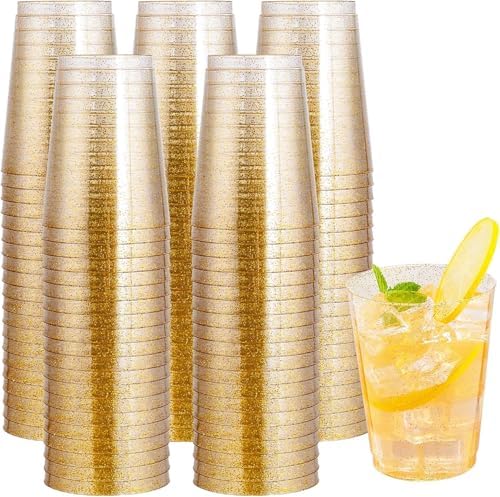 I00000 100 Pcs Gold Plastic Cups, 10 oz Hard Gold Glitter Disposable Cups