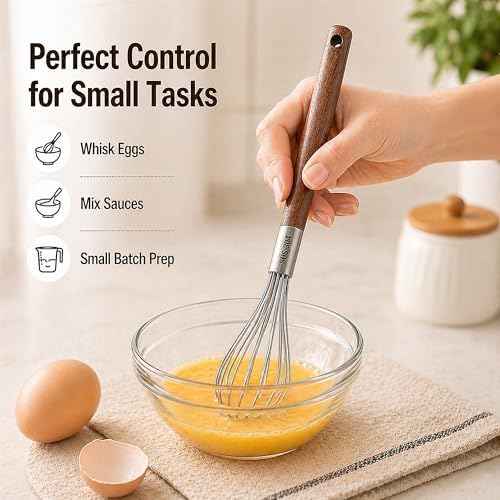 Mini Whisk 10 Inch, 304 Stainless Steel Small Wire Whisk with Walnut Wood Handle, Hand Egg Beater for Cooking, Baking, Mixing Eggs, Coffee, Sauces, Dressing and Gravy, 1 Count