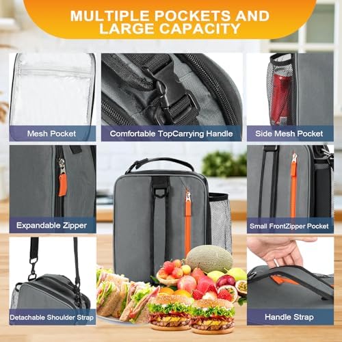 Expandable Lunch Box Insulated Lunch bag for Men Teen Kids Boys Adult Portable Stylish Double-Capacity Lunchbox Special Design for Working Office school Picnic (Gray Expandable 10L)