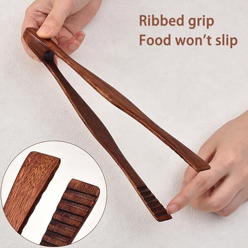 2 Pieces Wooden Toast Tongs 10.4" Reusable Bread Steak Kitchen Clamp Serving Tool Natural Wood Cooking Tong for Cooking and Holding Toast Cheese Bacon Muffin Fruits Bread BBQ